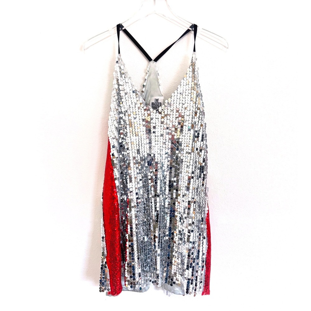 The Ragged Priest Sauce Sequin Mini Dress - Silver with Red Contrast Side Detail